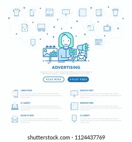 Advertising concept: woman gives ad on billboard, email and social media. Thin line icons: street ads, newspaper, magazine, product promotion, GEO targeting. Vector illustration, web page template.