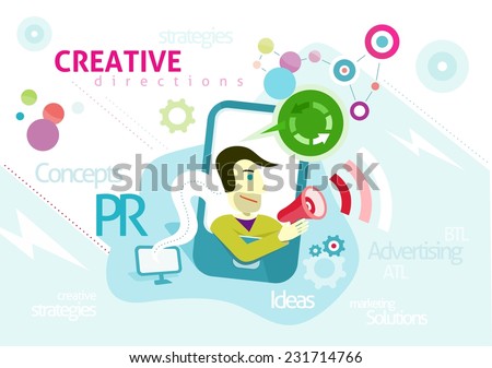 Advertising concept with words PR creative strategies ideas solution. Man looks out of smartphone is holding megaphone from which sounds advertising in cartoon design style