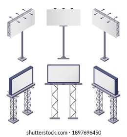 Advertising constructions isometric icons set with rectangular blank billboards on white background 3d isolated vector illustration
