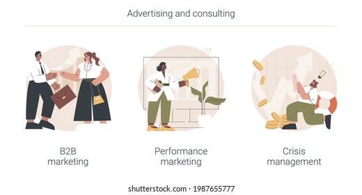 Advertising and consulting abstract concept vector illustration set. B2B and performance marketing, crisis management, digital campaign strategy, social media relations, landing abstract metaphor.