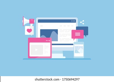 Advertising content, Content marketing, Sharing content on web - conceptual flat design vector illustration background