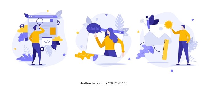 Advertising content online flat concept vector illustrations set. Setup commercial content for search engines cartoon composition. Internet promotion campaign idea for website, presentation