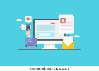 Advertising content online, Promotion of website, Content marketing strategy - flat design vector background