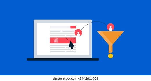 Advertising conversion funnel, Advertising sales funnel, Visitor turning into customer through digital ads - vector illustration banner with icons