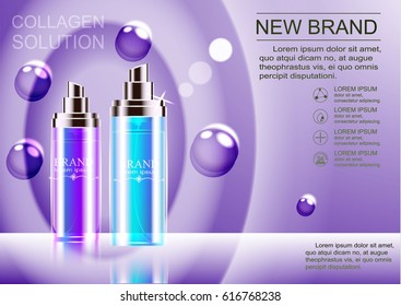 Advertising a cosmetic product contained different colors of bottles. Vector illustration.