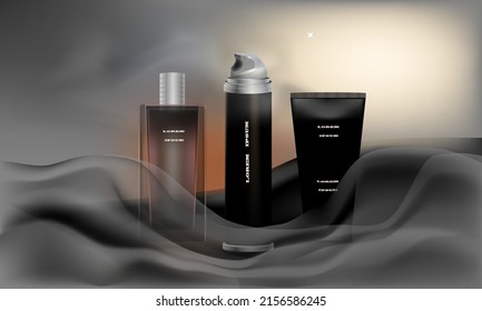 Advertising of cosmetic products. Shaving cream or deodorant, a bottle of toilet water, body cream on a gray background with transparent waves.