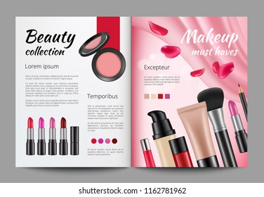 Advertising cosmetics in magazine. Design template of women magazine. Magazine template with product beauty. Vector illustration