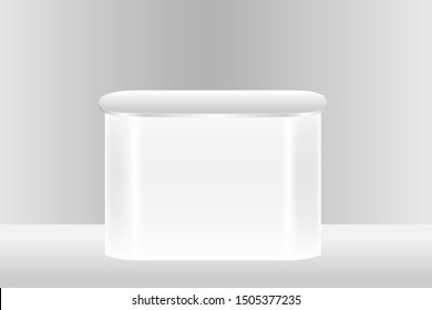Advertising counter mock up front view vector illustration with grey background and lighting.
