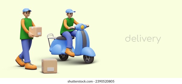 Advertising of courier services. Delivery by scooter and on foot. Transportation to pedestrian zone. 3D men, scooter, boxes. Horizontal banner, header, flyer template