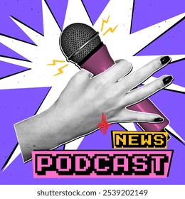 Advertising cover in retro collage style. Microphone in hand with halftone and scribble effect. Explosive music collage for podcast advertising.