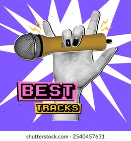 Advertising cover in retro collage style. Microphone in hand with halftone and scribble effect. Explosive music collage.