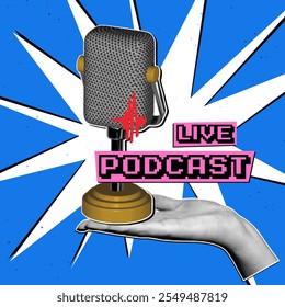 Advertising cover in retro collage style. The microphone stands on the hand with the effect of halftones and scribble. Explosive music collage.
