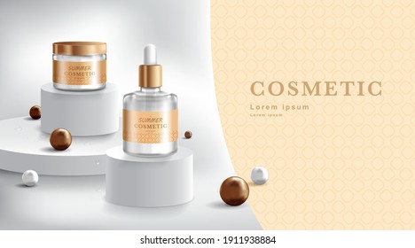 Advertising for cream and spray. Cosmetic tube and realistic bottle at stage pedestal. Branding and packaging design template. vector illustration