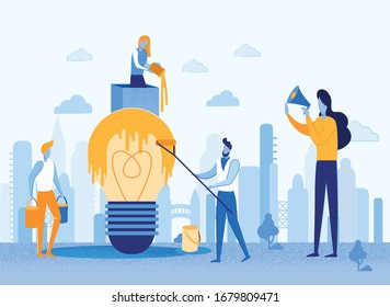 Advertising Creative Coloring Intelligence Ideas. Search for Shortcomings and Improvement Object in Question. In Center Large Light Bulb, People Paint with Paints Woman Controls with Loudspeaker.