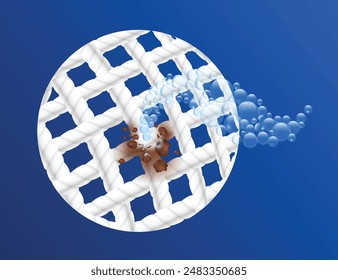 advertising design ,air bubbles from cleaning products or bleach are swirling around and hitting the dirt on the fabric, vector 3d on blue background for Cloth cleaner advertisement design