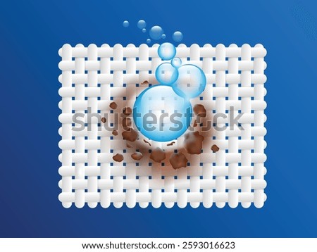 Advertising design, air bubbles from cleaning products or bleach are hitting dirt or germs on cloth, 3d vector on blue background for cleaning cloth advertising design, vector 3d for banner design