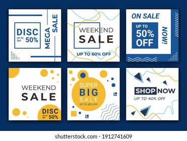 Advertising design backgrounds for social media banner. Set of ig feed post frame templates. Mockup for personal blog or shop. Blue and white background color shape vector illustration