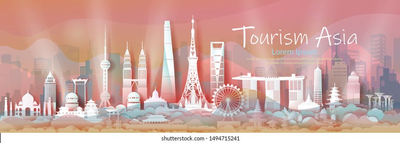 Advertising design book cover brochure tourism asia travel landmark asian with downtown cityscape skyline, Traveling landmarks city capital, Travel world to Asia, For poster, postcard, book cover.