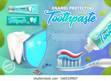 Advertising design concept of the enamel protecting toothpaste. 3d vector illustration of the tooth under the shield, and toothpaste squeezed out of tube. Oral care and teeth brushing.
