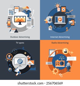 Advertising design concept set with outdoor marketing internet tv spots flat icons isolated vector illustration