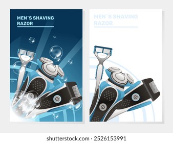 Advertising design for men's shaving razors with modern electric razors featured in a clean blue and white layout. Ideal for promotional materials for grooming products. Vector illustration.