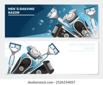 Advertising design for men's shaving razors with modern electric razors featured in a clean blue and white layout. Ideal for promotional materials for grooming products. Vector illustration.