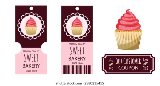 
Advertising Design for premium Bakery with coupon and logo with delicious Cake. Cartoon cake with pink cream. Set tags for Bakery shop isolated transparent background. Vector illustration.