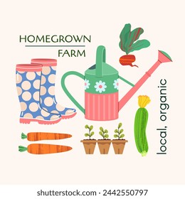 Advertising design, presentation of organically grown vegetables on country farm, on balcony in city. Cute vector illustration of elements: garden watering can, rubber boots, carrots, beets, zucchini.