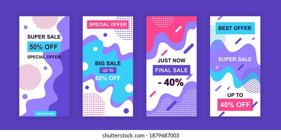 Advertising design social networks stories. Set of sale web banner, poster, cover for online shopping, marketing, promo, discount products, big sale. Modern cover template. Vector illustration.