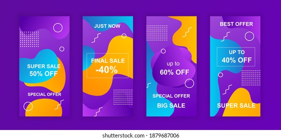 Advertising design social networks stories. Set of sale web banner, poster, cover for online shopping, marketing, promo, discount products, big sale. Modern cover template. Vector illustration.