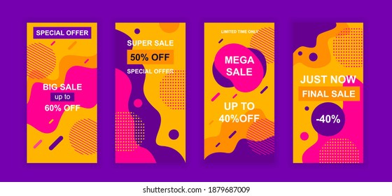 Advertising design social networks stories. Set of sale web banner, poster, cover for online shopping, marketing, promo, discount products, big sale. Modern cover template. Vector illustration.