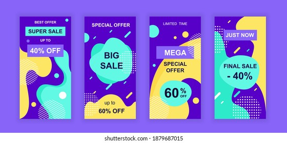 Advertising design social networks stories. Set of sale web banner, poster, cover for online shopping, marketing, promo, discount products, big sale. Modern cover template. Vector illustration.