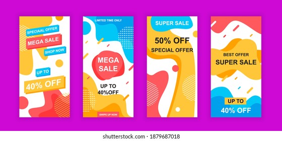 Advertising design social networks stories. Set of sale web banner, poster, cover for online shopping, marketing, promo, discount products, big sale. Modern cover template. Vector illustration.