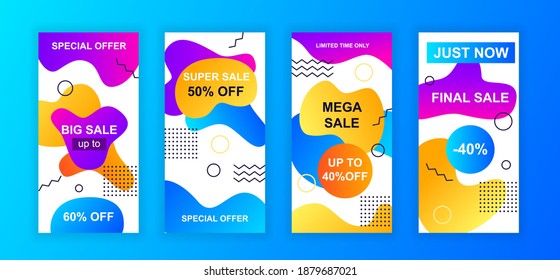 Advertising design social networks stories. Set of sale web banner, poster, cover for online shopping, marketing, promo, discount products, big sale. Modern cover template. Vector illustration.