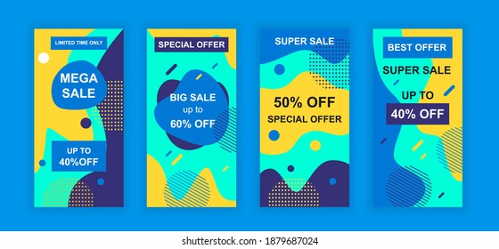 Advertising design social networks stories. Set of sale web banner, poster, cover for online shopping, marketing, promo, discount products, big sale. Modern cover template. Vector illustration.