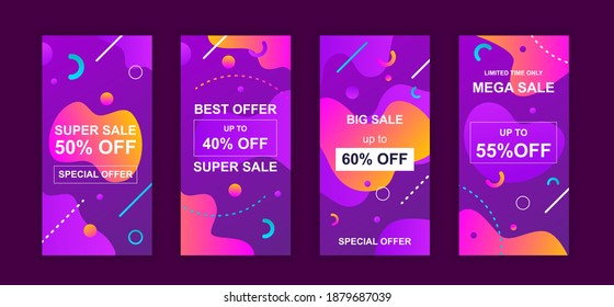 Advertising design social networks stories. Set of sale web banner, poster, cover for online shopping, marketing, promo, discount products, big sale. Modern cover template. Vector illustration.