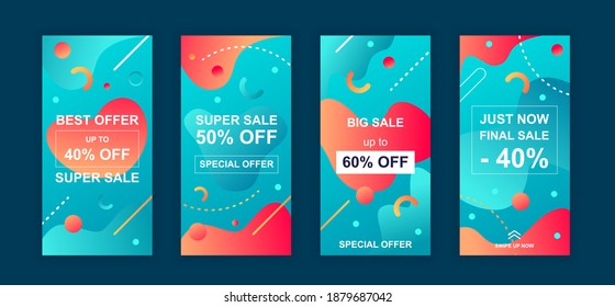 Advertising design social networks stories. Set of sale web banner, poster, cover for online shopping, marketing, promo, discount products, big sale. Modern cover template. Vector illustration.