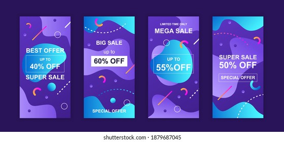 Advertising design social networks stories. Set of sale web banner, poster, cover for online shopping, marketing, promo, discount products, big sale. Modern cover template. Vector illustration.