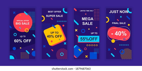 Advertising design social networks stories. Set of sale web banner, poster, cover for online shopping, marketing, promo, discount products, big sale. Modern cover template. Vector illustration.