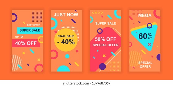 Advertising design social networks stories. Set of sale web banner, poster, cover for online shopping, marketing, promo, discount products, big sale. Modern cover template. Vector illustration.