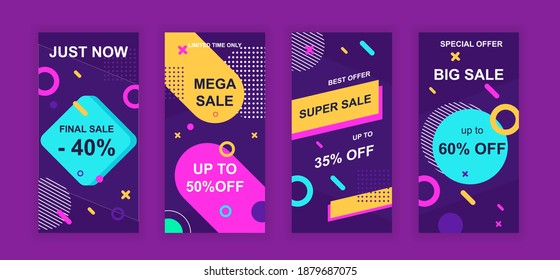 Advertising design social networks stories. Set of sale web banner, poster, cover for online shopping, marketing, promo, discount products, big sale. Modern cover template. Vector illustration.