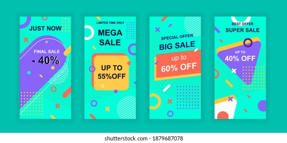 Advertising design social networks stories. Set of sale web banner, poster, cover for online shopping, marketing, promo, discount products, big sale. Modern cover template. Vector illustration.