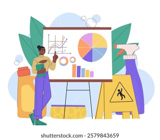 Advertising of detergents. Woman near cleaning product and presentation slide with graphs, charts and diagrams. Product promotion. Advertising and marketing. Flat vector illustration