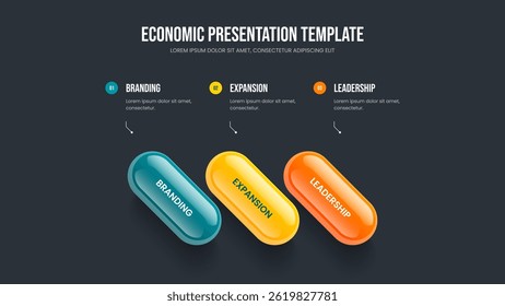 Advertising Development 3 Element Infographic Slideshow Layout. Business Review Slide Design Vector Illustration. Marketing Overview Three Step Diagram Frame Template.