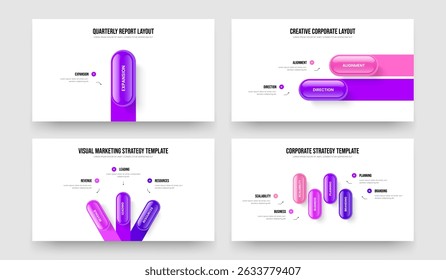 Desenvolvimento de publicidade Um Dois Três Quatro Etapas Infográfico Slideshow Design Vetor Illustration Set. Modern Portfolio 1 2 3 4 Element Diagram Slide Template Collection.