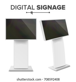 Advertising Digital Signage Vector. Advertising Screen Mock Up Isolated. LCD Digital Signage For Indoor Using. Isolated Illustration
