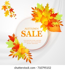 Advertising discount banner with fallen leaves. Autumn sale hand drawn. Vector illustration. EPS 10