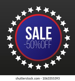 advertising discount banner of round shape in blue-red-white colors