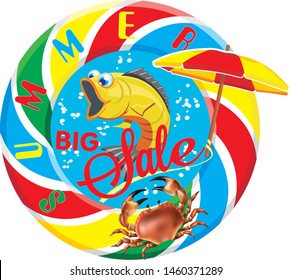 Advertising discounts for the summer. Colorful lifeline and umbrella. Crab on the lifeline. Advertising inscription "summer sale". Vector illustration.