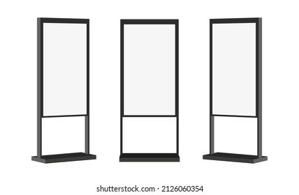 Advertising Display Screen Mockup, LCD Digital Signage, Front and Side View, Isolated on White Background. Vector Illustration